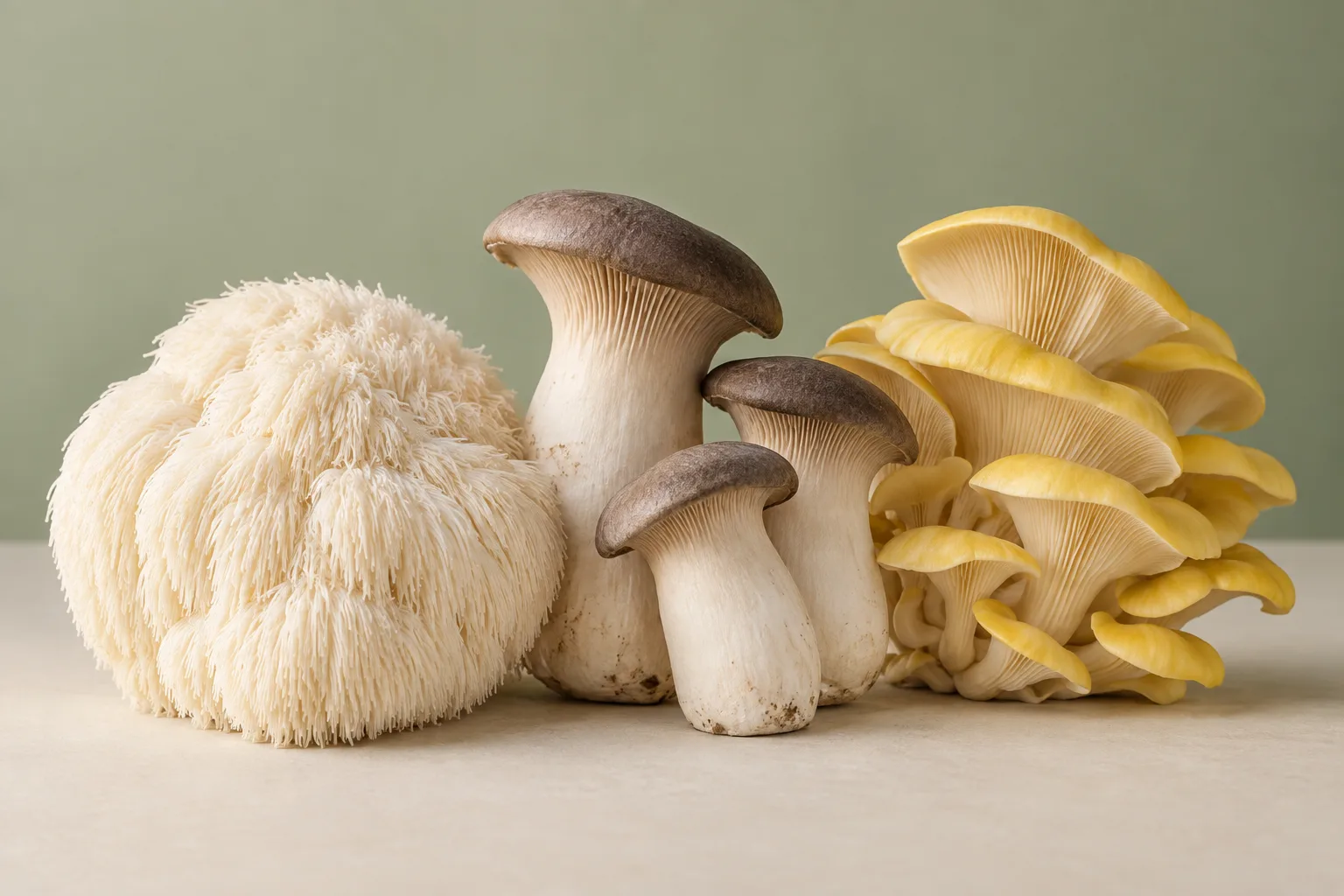 KI-generierte Sortenillustration mit Lion's Mane, Black Pearl King Oyster und gelbem Limonenseitling auf cremefarbenem Grund vor salbeigrünem Hintergrund